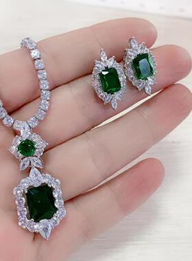 项链链祖母绿锁骨礼服锆石套装新娘晚饰品欧美耳环吊坠女纯银925