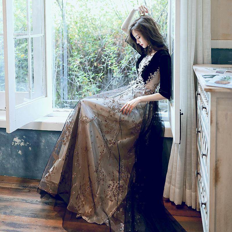 晚礼服气质宴会女黑色长袖名媛年会主持人新款高端裙大气端庄优雅