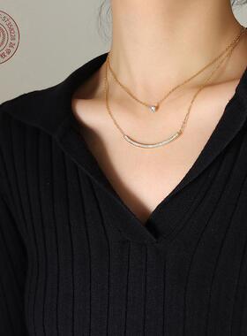 项链锁骨双层微笑链女叠戴颈链高级小众纯银锆石感新款笑脸欧美钻