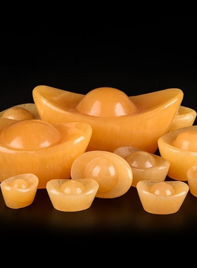 天然米黄玉元宝摆件搭配聚宝盆