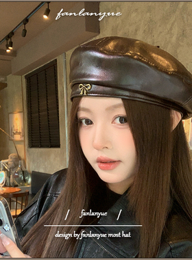 PU皮贝雷帽女秋冬高级感画家帽日系大头围显脸小港式八角帽咖啡色