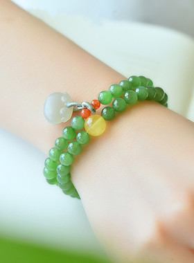 碧玉手链6mm女款多圈蜜蜡回纹配