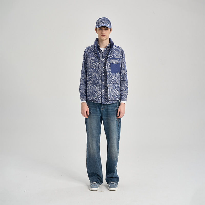 RARE威雅男装 2025冬季新款休闲马甲牛仔蓝色提花鹅绒马甲 - 图2