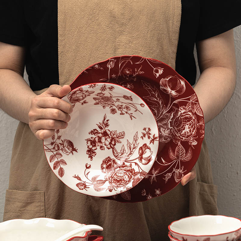 中国风餐具套装家用新婚礼物碗筷饭碗陶瓷盘玫瑰红色碗碟礼盒套装-图1
