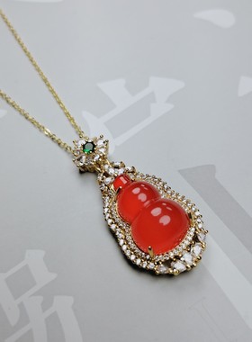 天然冰种玉髓镶嵌红色葫芦锁骨项链吊坠挂件时尚女款福禄玉坠项链