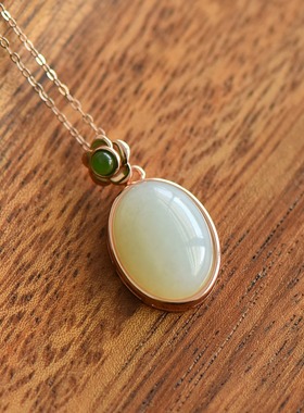 S925银和田玉白玉椭圆蛋形平安吊坠挂件时尚气质女款玉坠项链