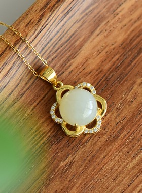 S925银新疆和田玉白玉蛋面玉石吊坠挂件时尚气质女款玉坠项链