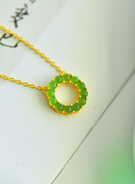 S925银镶嵌和田玉碧玉阳绿圆环玉石吊坠挂件时尚女款玉坠项链