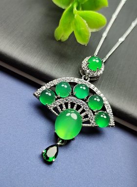 天然冰彩绿玉髓镶嵌扇子形吊坠挂件时尚百搭女款玉石玉坠项链