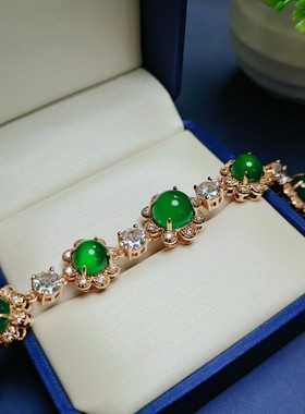 天然冰种帝王绿玉髓镶嵌手链圆形女士款翠绿色手链手串手饰品