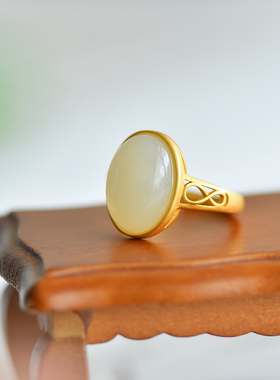 s925银镶嵌新疆和田玉白玉蛋面椭圆形戒指简约时尚女指环饰品