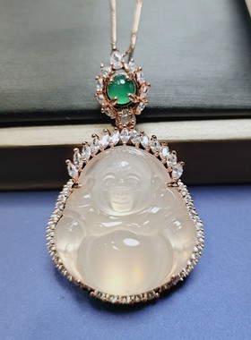 天然冰彩玉髓镶嵌高冰佛公弥勒笑佛吊坠挂件时尚女款玉坠项链