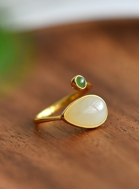 s925银镶嵌和田玉白玉水滴玉石戒指简约时尚百搭指环戒圈饰品