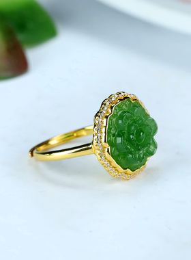 古法镶嵌新疆和田玉碧玉苹果绿花开富贵戒指时尚指环戒圈饰品