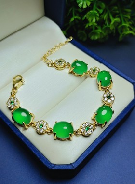 天然冰彩帝王绿玉髓镶嵌手链女士款翠绿色手链手串手饰品百搭