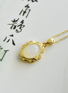 S925银和田玉白玉蛋形奢尚玉石吊坠挂件时尚气质女款玉坠项链