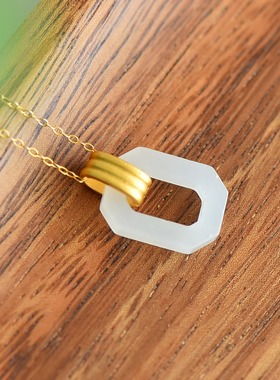 S925银和田玉白玉金环方形相扣玉石吊坠挂件时尚女款玉坠项链