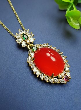 天然冰彩玉髓豪华镶嵌红色水滴形锁骨吊坠挂件时尚女玉坠玛瑙项链