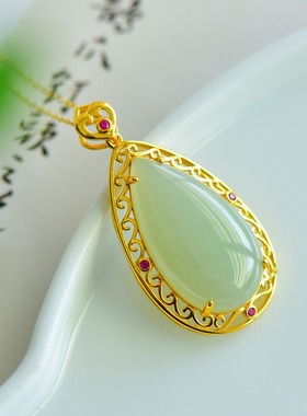 S925银和田玉且末蓝吊坠水滴玉坠女时尚气质百搭玉石项链挂件