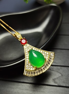 天然冰种绿玉髓镶嵌银杏叶锁骨项链吊坠挂件时尚女款玉坠项链