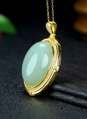 S925银和田玉碧玉冰底鸭蛋青玉石吊坠挂件时尚气质女玉坠项链