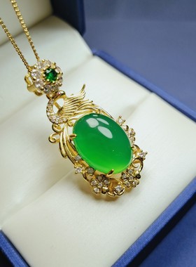 天然冰彩帝王绿玉髓镶嵌蛋面锁骨项链吊坠挂件时尚女玛瑙玉坠项链