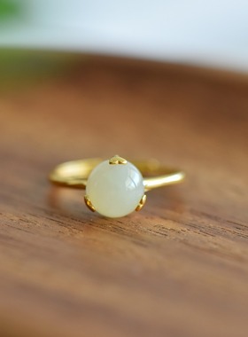 s925银镶嵌新疆和田玉白玉圆珠戒指简约时尚女款指环戒圈饰品