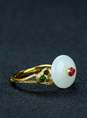 s925银镶嵌新疆和田玉白玉平安如意戒指平安扣时尚女指环戒圈