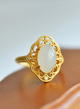 s925银镶嵌新疆和田玉白玉马眼戒指简约时尚女款指环戒圈饰品