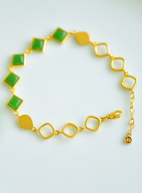 s925银和田玉碧玉方形玉石手链时尚百搭女款手串手链配饰礼品