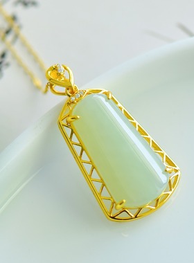 S925银和田玉且末蓝T牌玉石吊坠时尚气质女百搭玉坠项链挂件