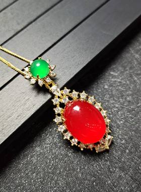 天然冰彩玛瑙玉髓镶嵌红色大吊坠锁骨项链挂件时尚女士款玉坠项链