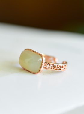 s925银镶嵌和田玉且末蓝方形戒指气质简约时尚百搭款活口指环