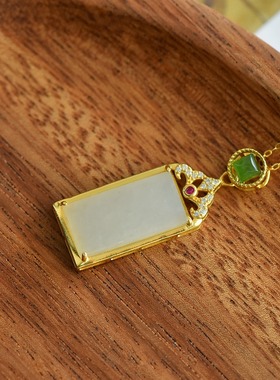 S925银古法镶嵌和田玉白玉方形玉石吊坠挂件时尚气质女款玉坠