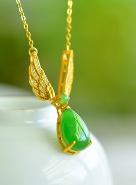 S925银新疆和田玉碧玉锁骨链天使翅膀女士水滴形玉石吊坠挂件玉坠