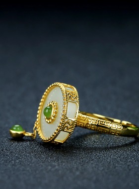 s925银新疆和田玉白玉平安扣转转戒指女款流苏简约时尚女指环