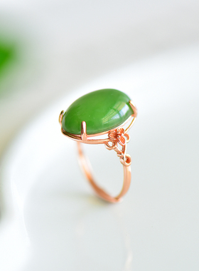 s925银镶嵌新疆和田玉碧玉菠菜绿蛋面玉戒指简约时尚指环饰品