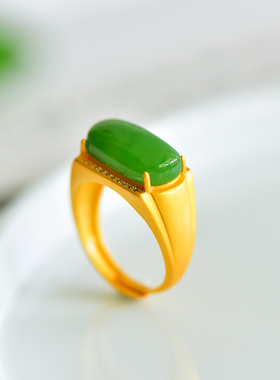 s925银镶嵌新疆和田玉碧玉马鞍戒指简约时尚男女指环戒圈饰品