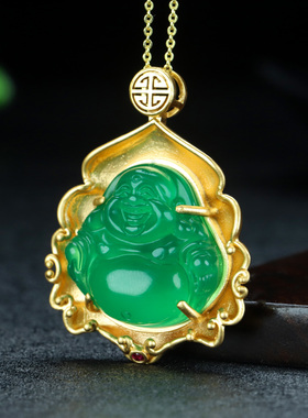 24k古法镀金镶嵌玉髓笑佛玉石吊坠挂件时尚气质女款玉坠项链