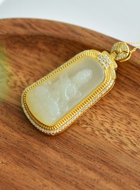 S925银和田玉羊脂白玉观音玉牌玉石吊坠挂件时尚气质玉坠项链