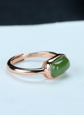 s925银镶嵌新疆和田玉碧玉方形戒指简约时尚百搭指环戒圈饰品