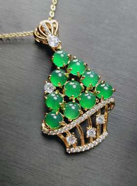 天然高冰种帝王绿玉髓镶嵌招财树吊坠挂件时尚女士款玉坠项链