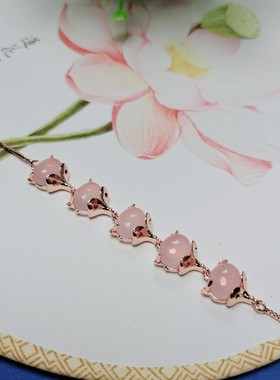 天然冰粉玉髓玫瑰金镶嵌小狐狸手链手串情帝王绿玛瑙时尚玉器饰品