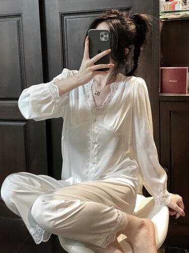 维多真丝密睡衣套装女V领蕾丝公主风甜美花边蚕丝家居服网红薄款 - 图0