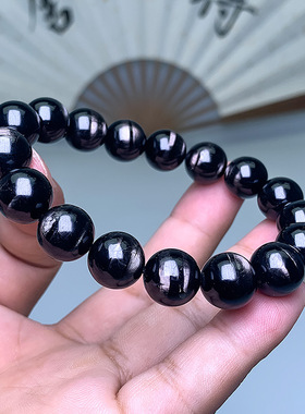 天然金运石手链猫眼效应银线金运石圆珠串黑水晶手串男女生日礼物