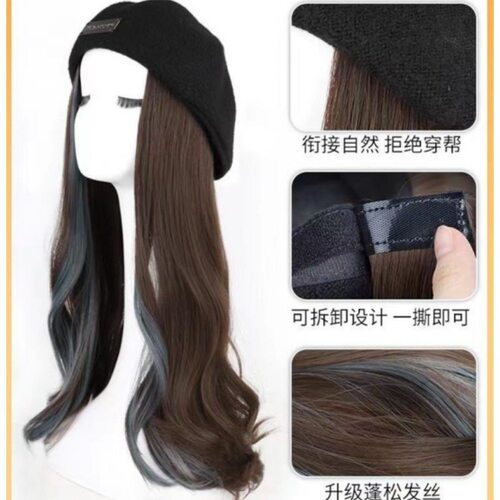 假发女长卷发专用可拆卸魔术贴水波纹大波浪粘贴帽子假发片 - 图0