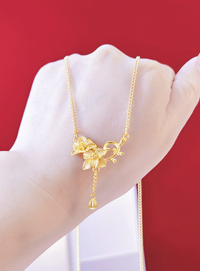 越南沙金项链花朵配饰复古女款锁骨链民族气质三生花饰品金色首饰