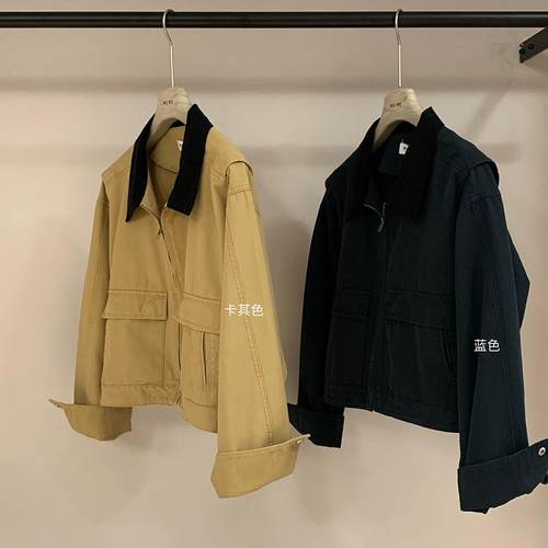 复古收藏家·短款卡其色长袖美式复古初秋外套女夹克 - 图0