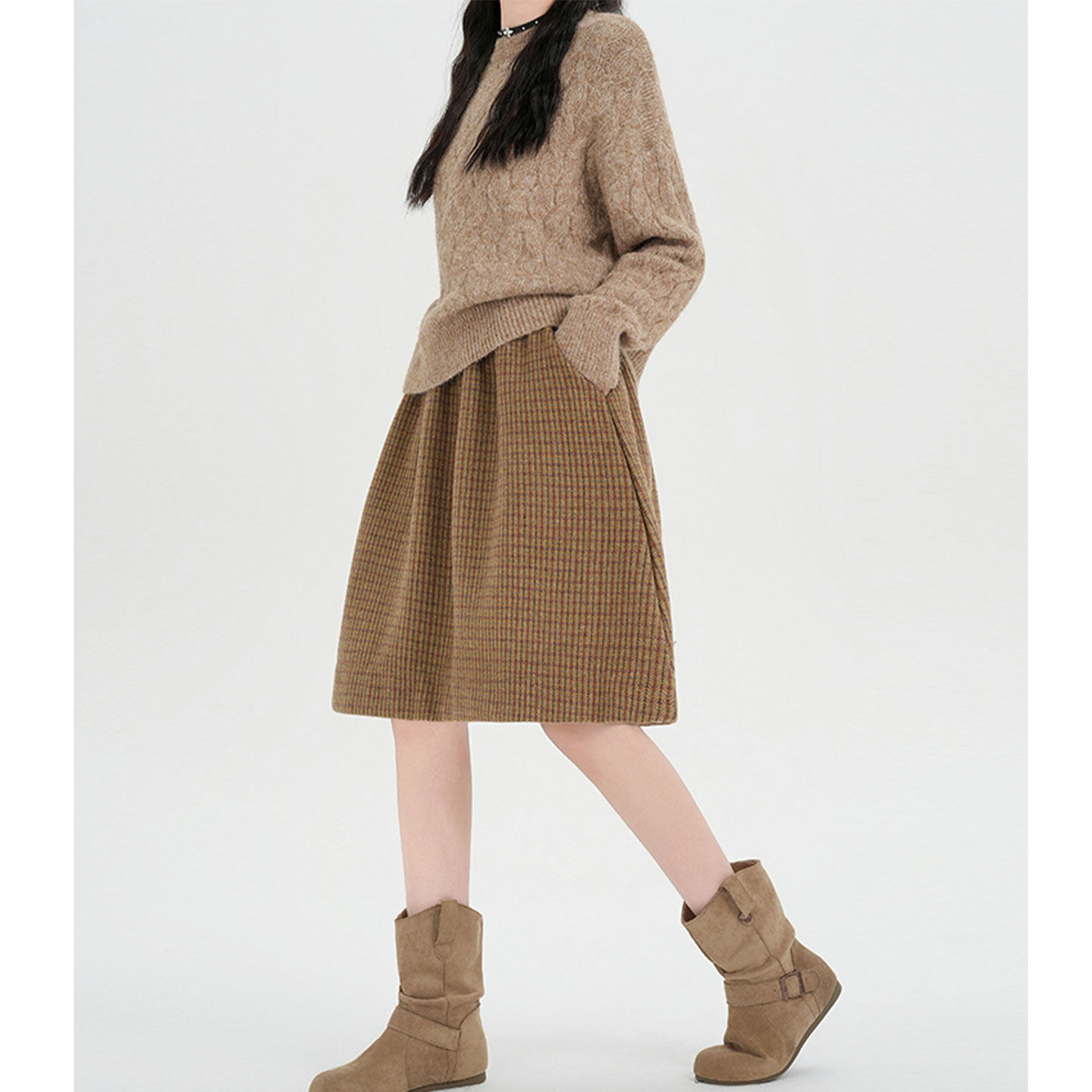 2026春季新款双口袋小格子毛呢半身裙松紧腰中长款a字超好看短裙,淘宝优惠券,粉丝福利购,淘宝优惠卷