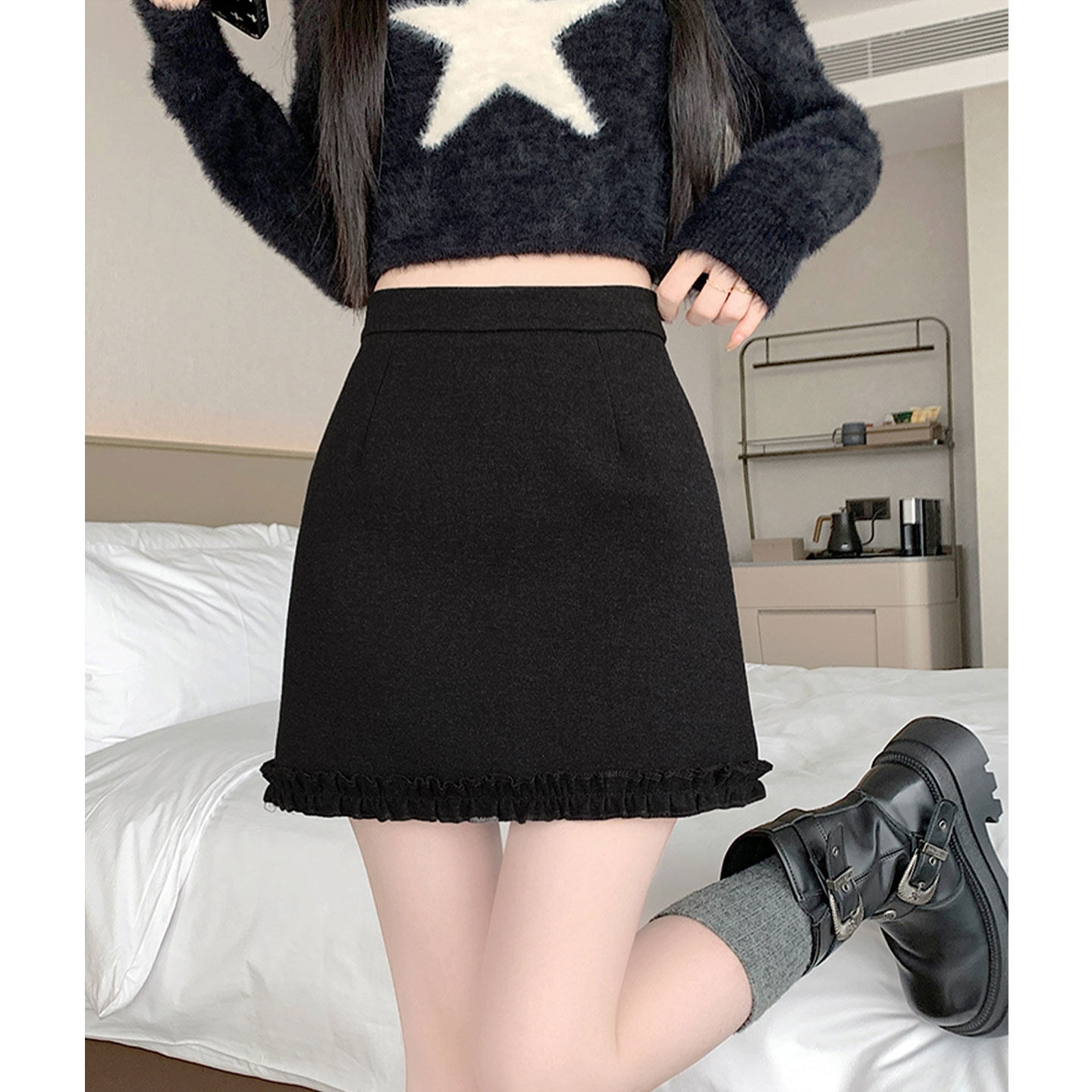 2026春季新款简约甜美木耳边毛呢半身裙超好看冬裙灰色包臀短裙子,淘宝优惠券,粉丝福利购,淘宝优惠卷